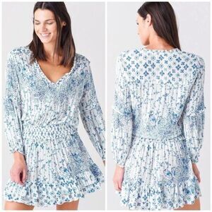NWOT Poupette St Barth Ilona Long Sleeve Printed Mini Dress Blue Parrot Large